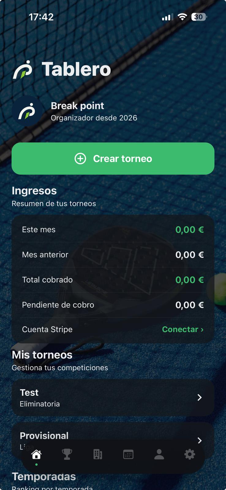 Break Point app — Tablero, ingresos y torneos